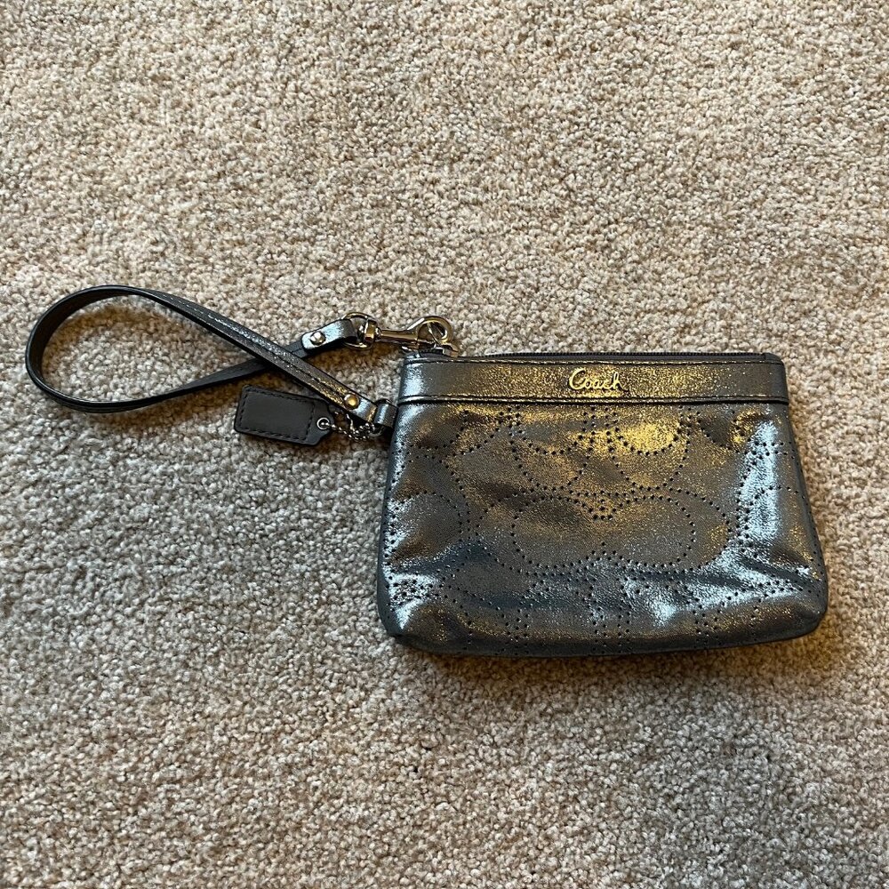 Coach Silver Gunmetal Metallic Wristlet EUC